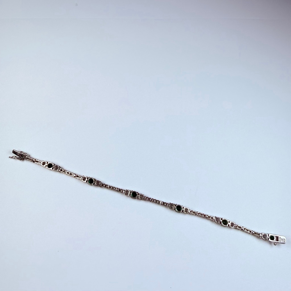 Art Deco Revival Emerald and Topaz Glass 925 Sterling Silver Tennis Bracelet - Picture 9 of 11